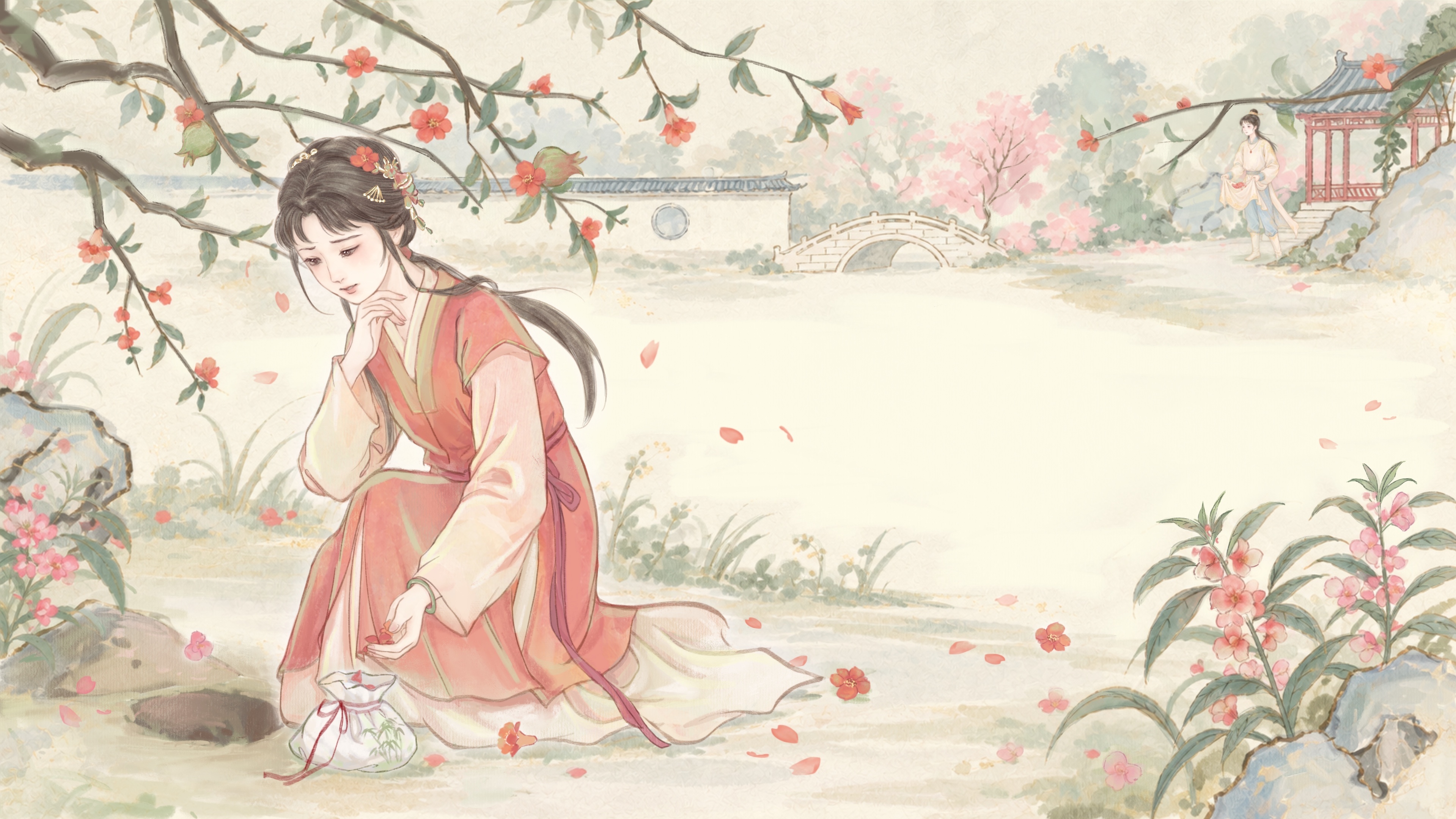 黛玉在落花满地的园中，花囊放在身旁