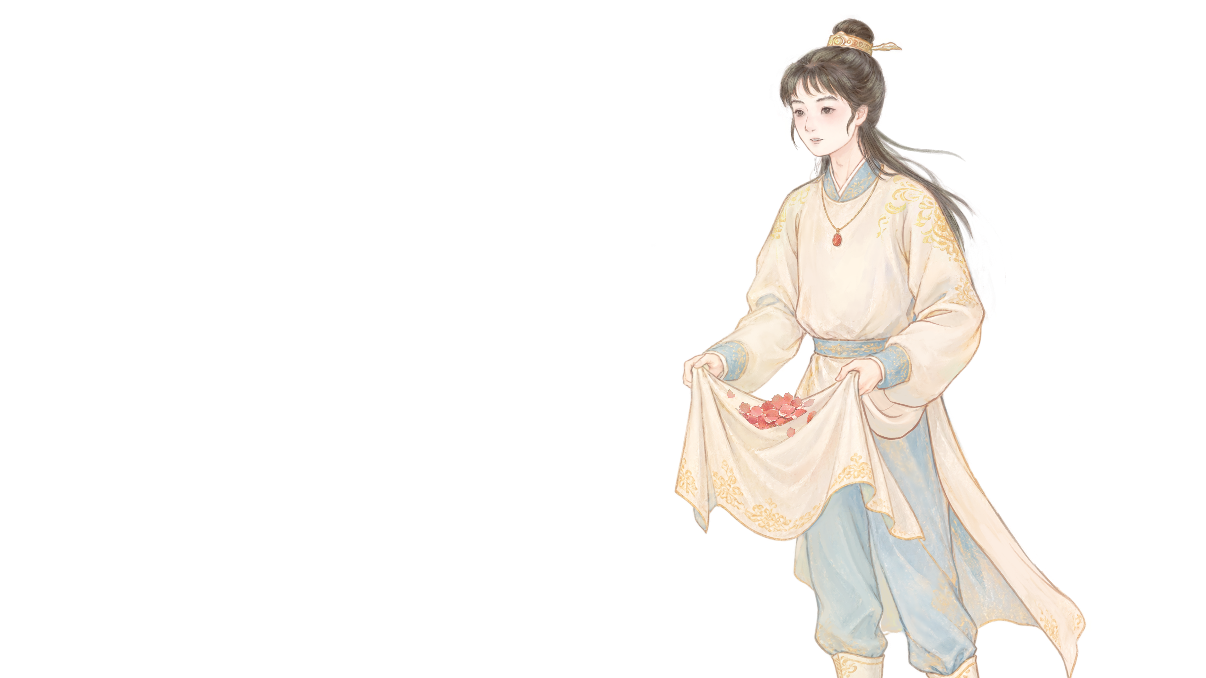 宝玉走近，捧着收拢的落花