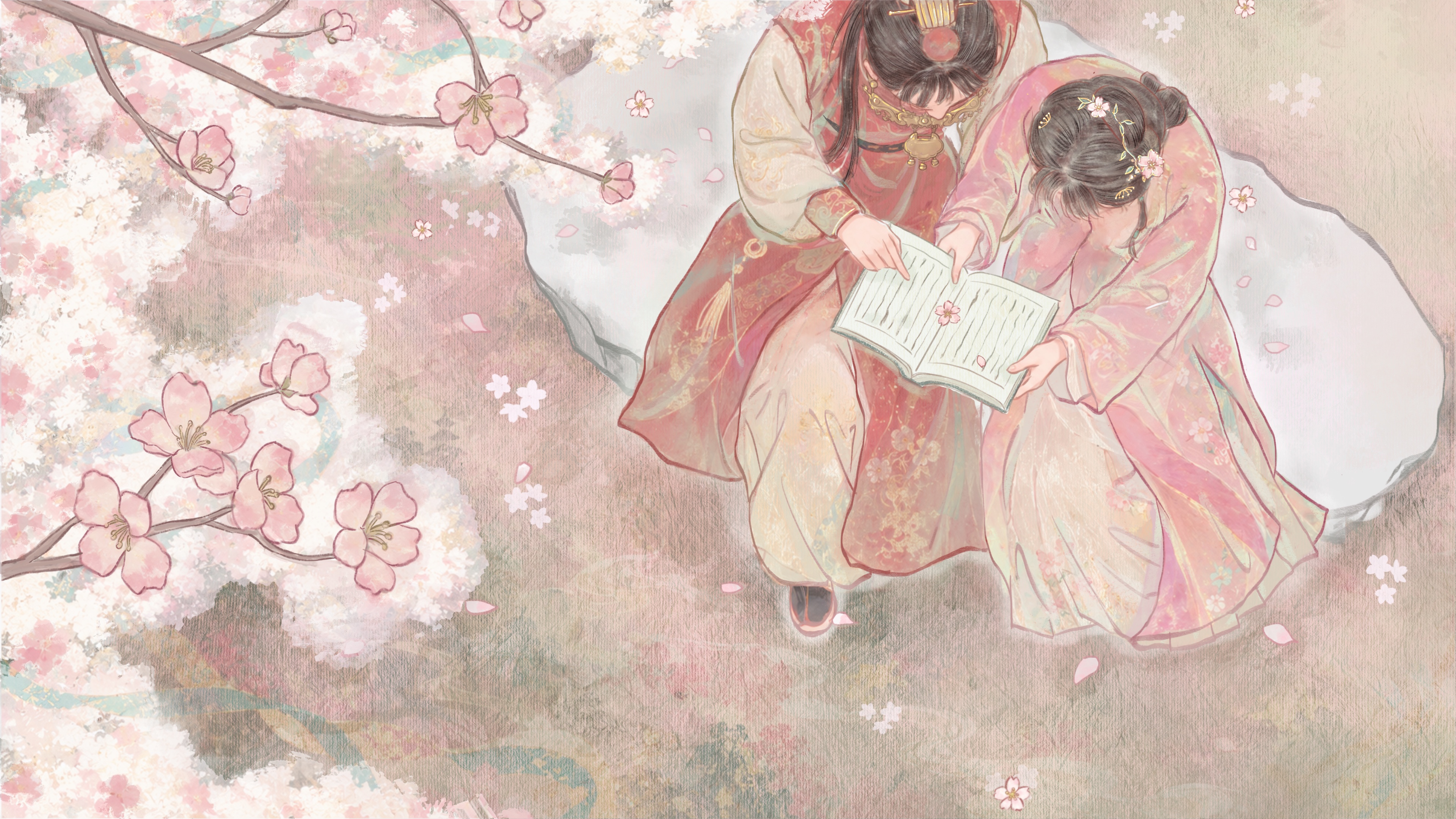 一朵桃花落在书页上